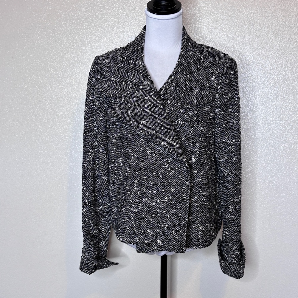 Lafayette 148 New York Black & White Herringbone Wool Tweed Blazer Jacket Size 8 - Picture 2 of 11